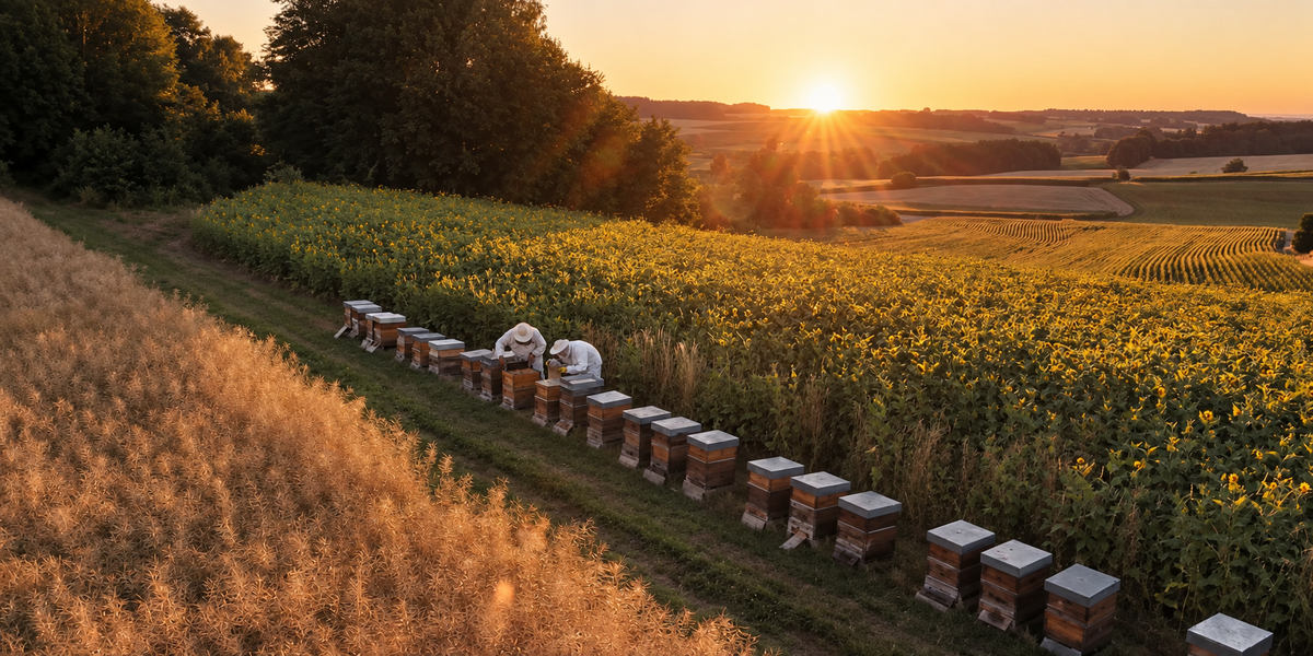 Bienenstände in einer blühenden Landschaft bei Sonnenuntergang